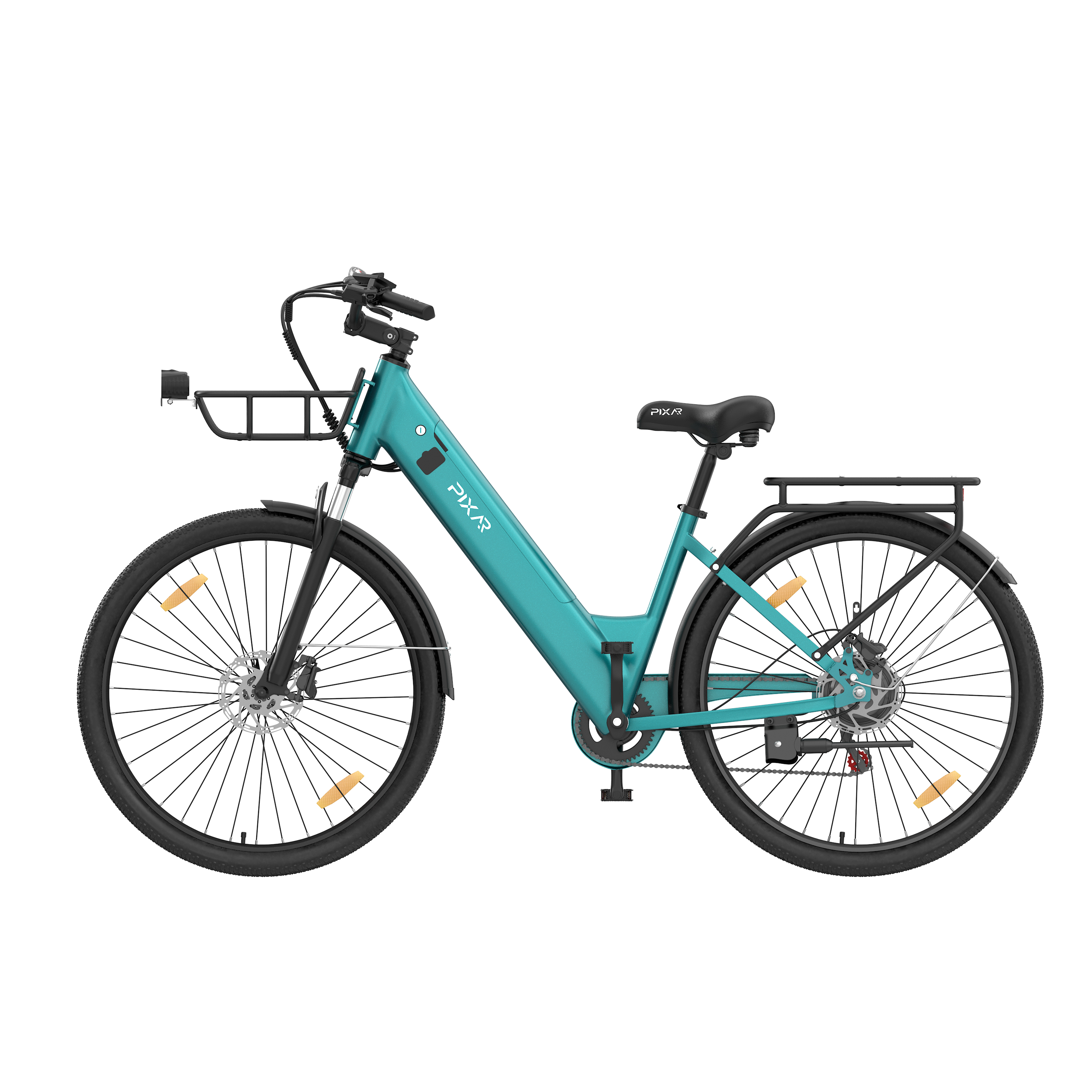 Ein türkisfarbenes Elektrofahrrad mit Frontkorb und Gepäckträger auf weißem Hintergrund.