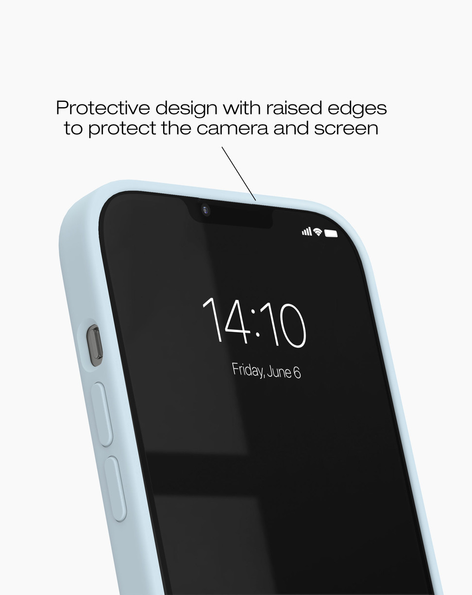 Ein Smartphone mit hellblauer Hülle zeigt den Text: Schützendes Design mit erhöhten Kanten für Kamera und Bildschirm.