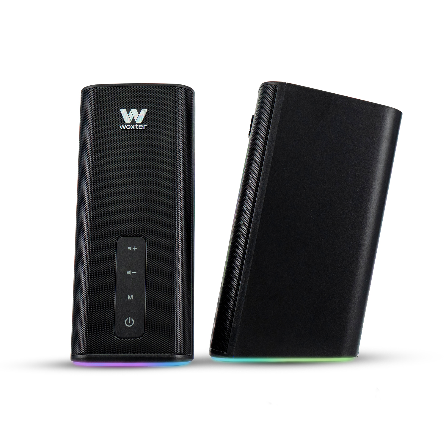 Dos altavoces Bluetooth Woxter negros con iluminación RGB sobre fondo blanco.