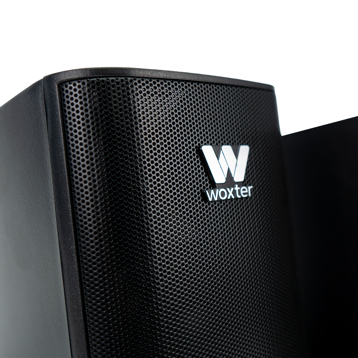 Altavoz Woxter negro con logotipo blanco en rejilla metálica.
