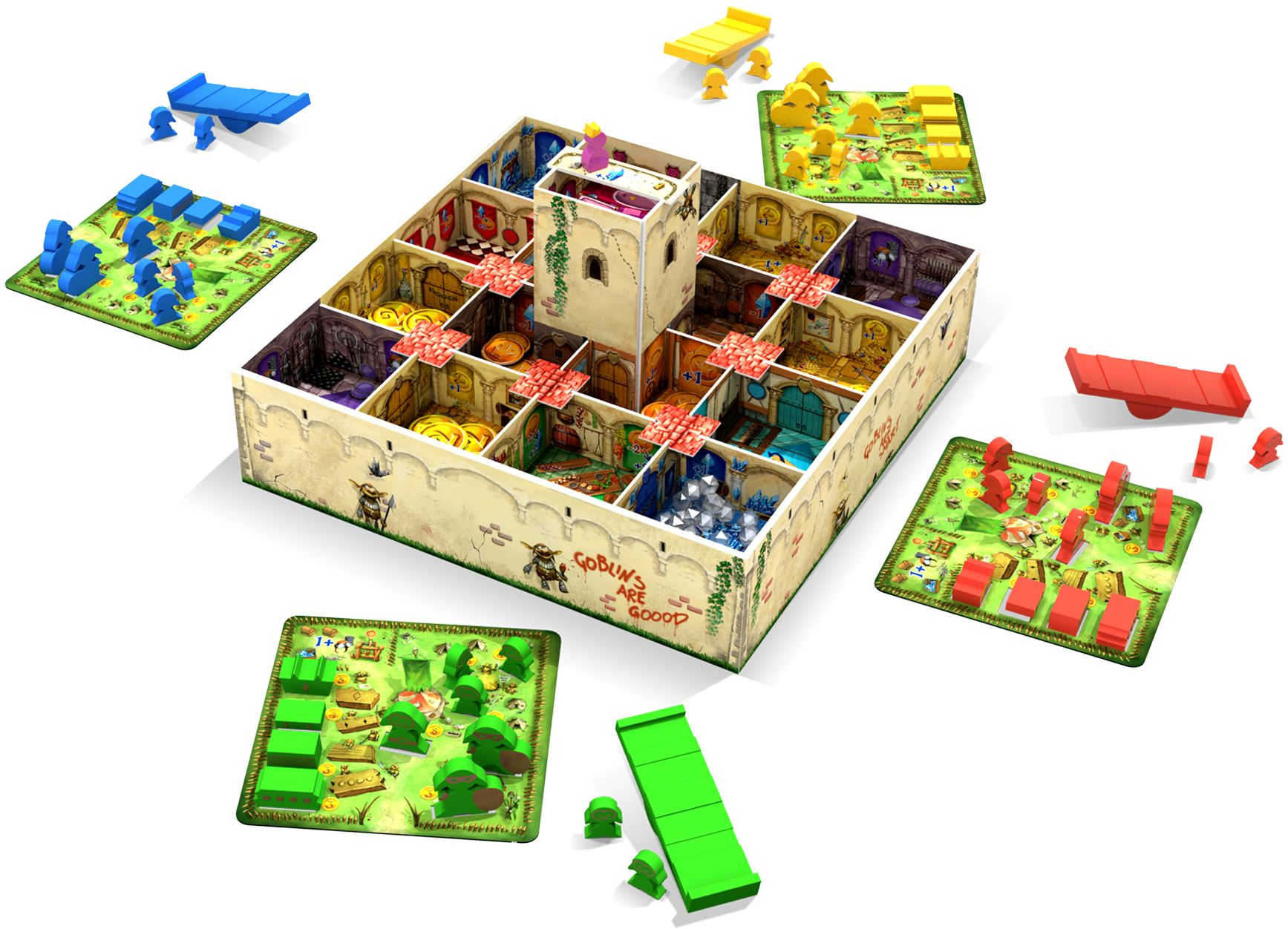 Ein buntes Brettspiel mit einer zentralen 3D-Burg, Spielertafeln und blauen, gelben, grünen und roten Figuren.