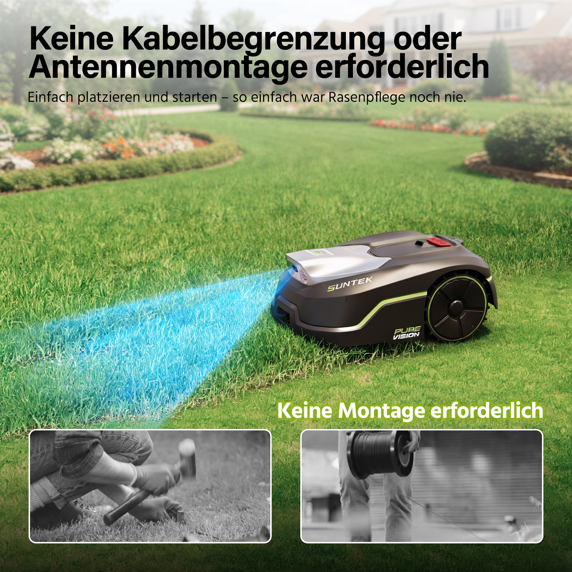 Ein Suntek Mähroboter mäht einen Rasen. Unten zwei kontrastierende Bilder ohne Kabelinstallation.
