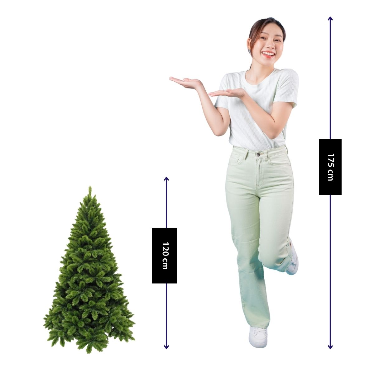 Een vrouw wijst naar een kunstkerstboom van 120 cm naast een meetlijn van 175 cm op een witte achtergrond.