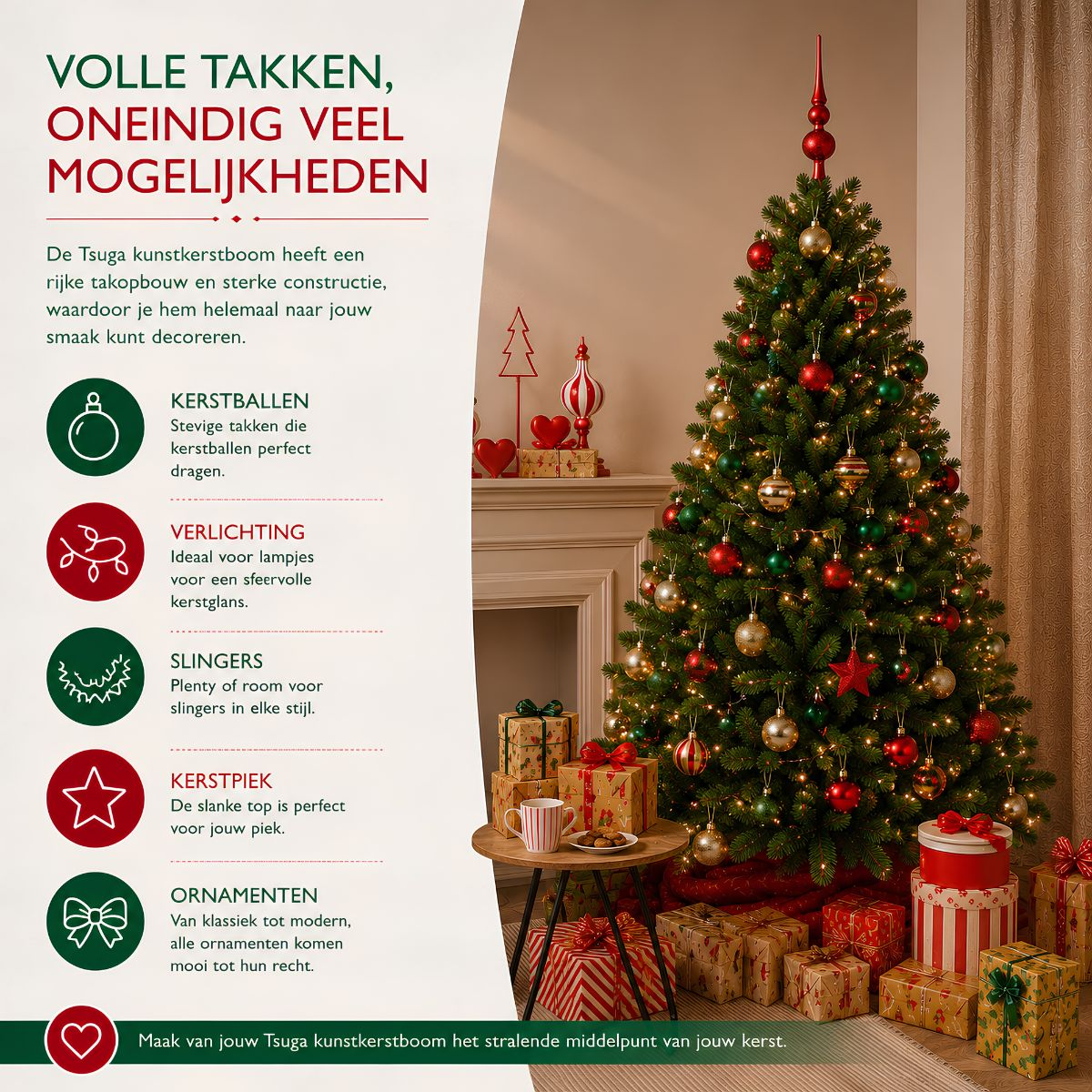 Versierde kerstboom met cadeautjes, verlicht door warme lichtjes.