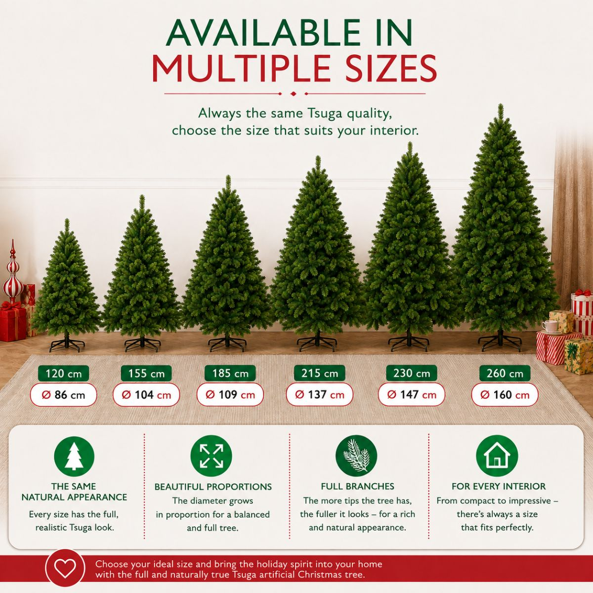 Zes kunstkerstbomen in hoogtes van 120 cm tot 260 cm, getoond met afmetingen en productkenmerken.