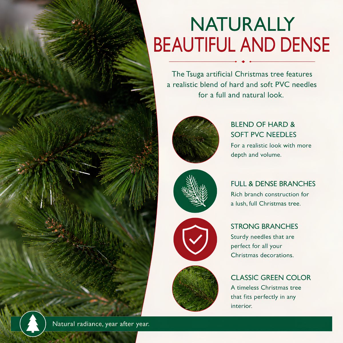 Een advertentie voor een kunstkerstboom met dichte takken en groene PVC naalden.