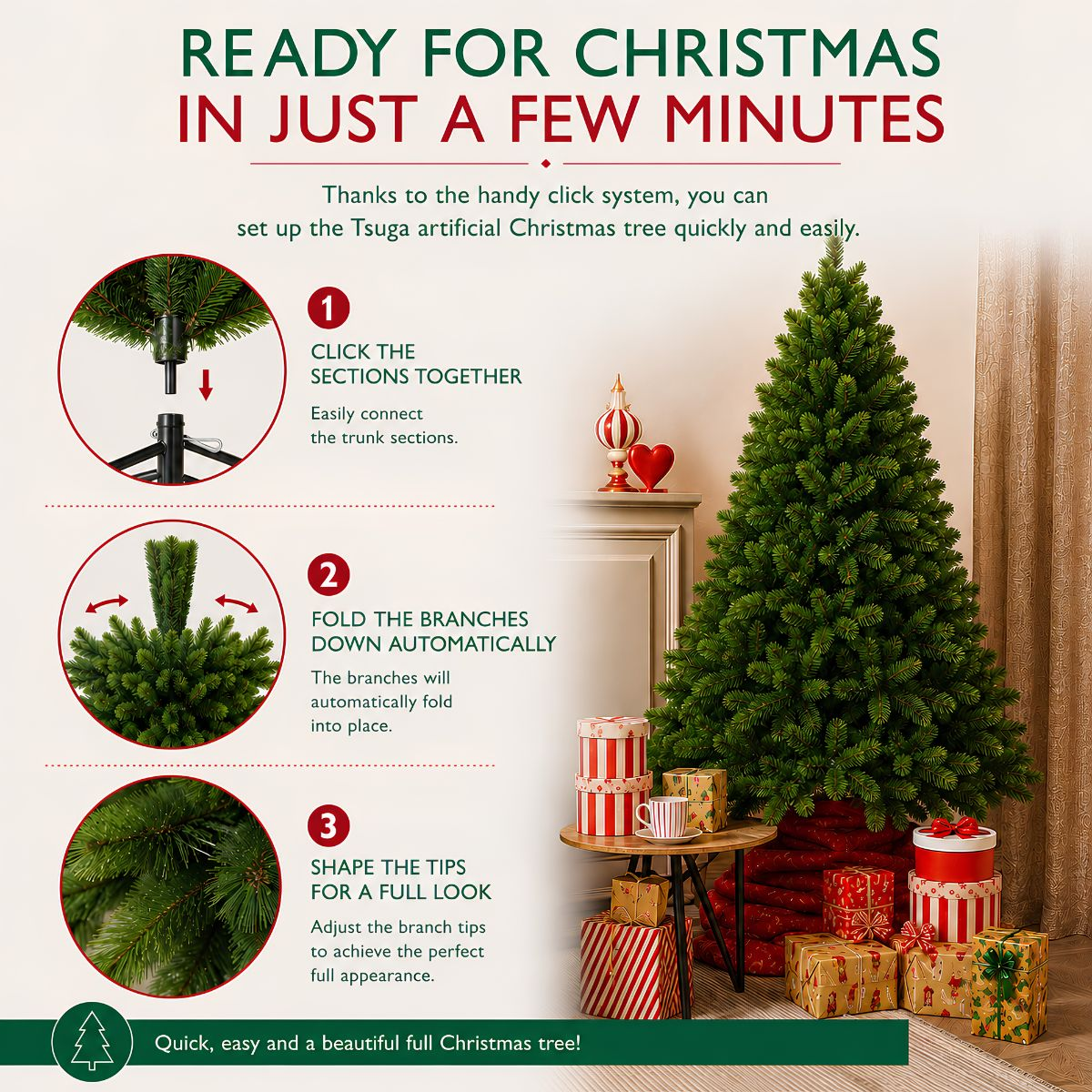 Instructies om snel een kunstkerstboom op te zetten in drie stappen, omringd door ingepakte cadeautjes.