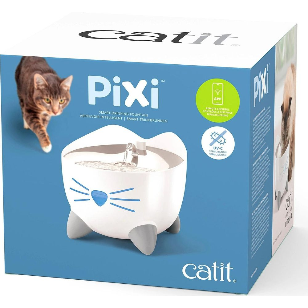Caja de embalaje para la fuente bebedero inteligente Catit Pixi en blanco y azul con imagen de gato.