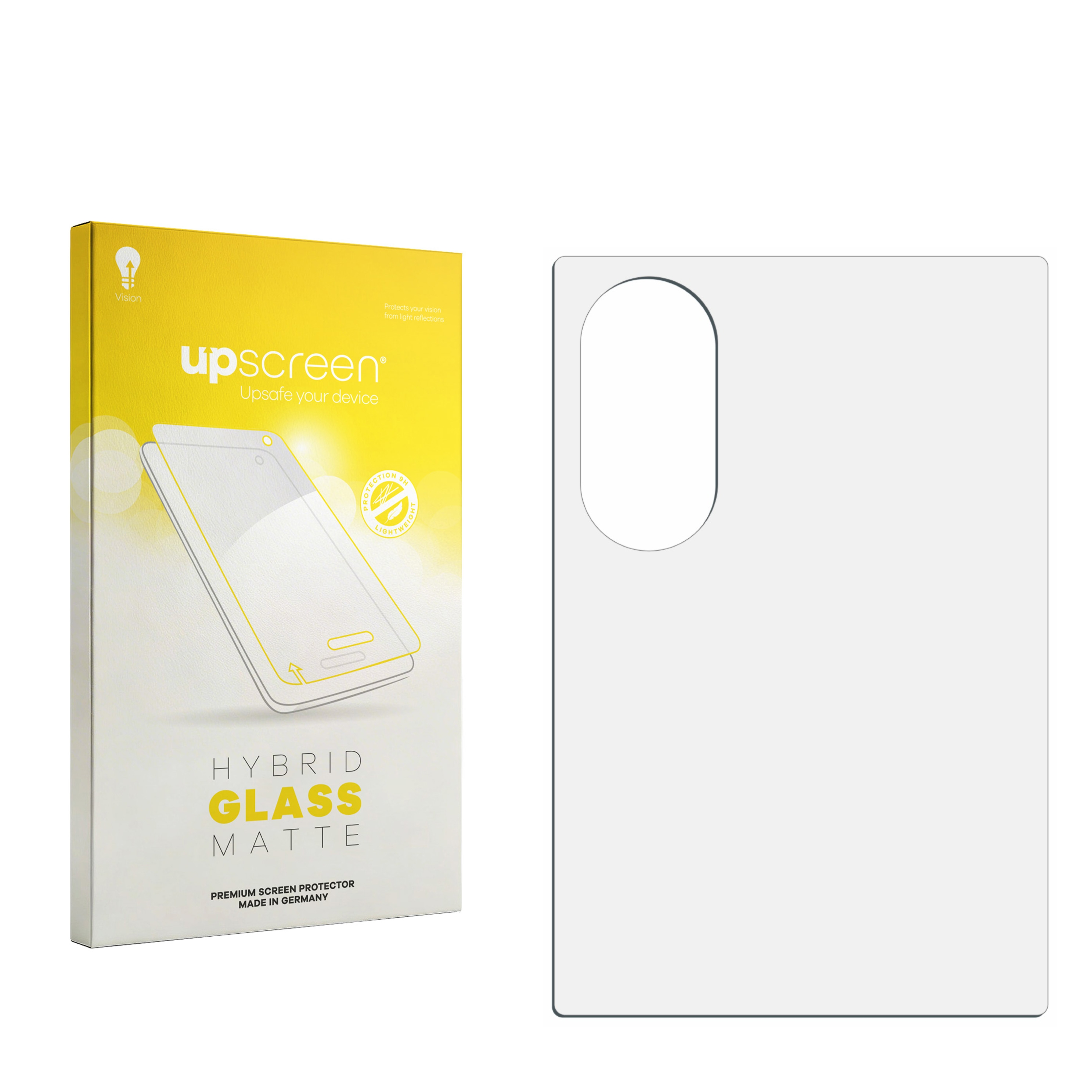Gelbe upScreen Hybrid Glass Matte Verpackung und eine Schutzfolie mit ovaler Aussparung.