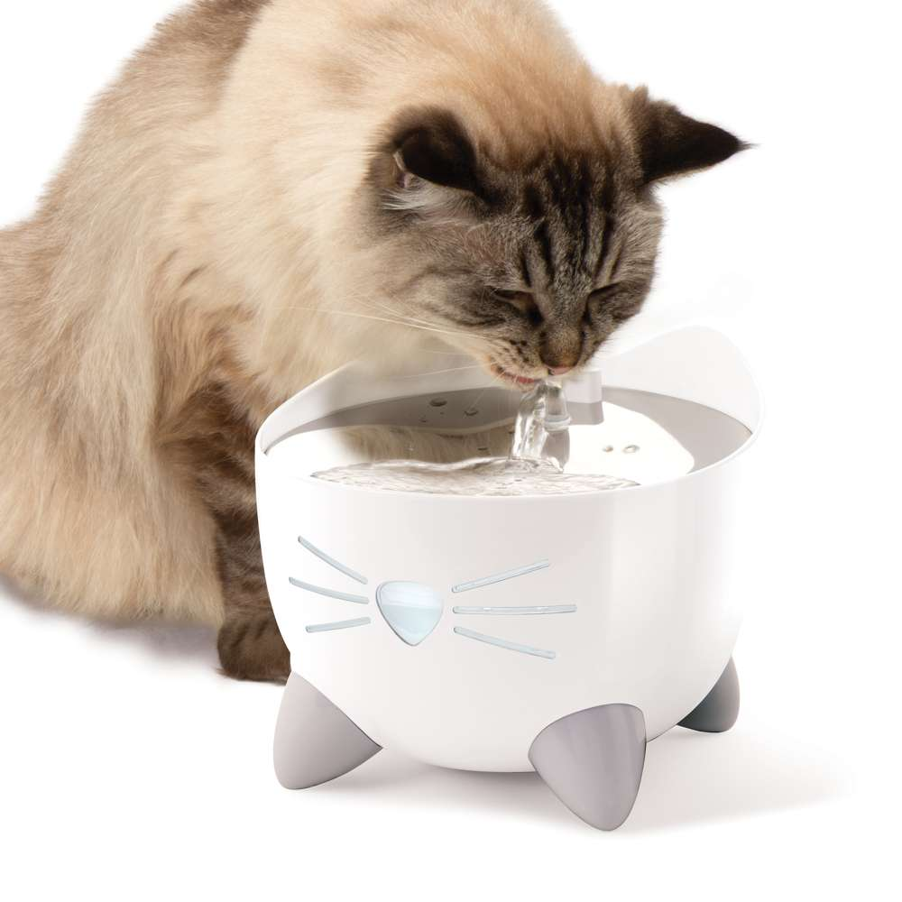 Un gato peludo bebe agua de una fuente para mascotas blanca con forma de gato sobre un fondo blanco.