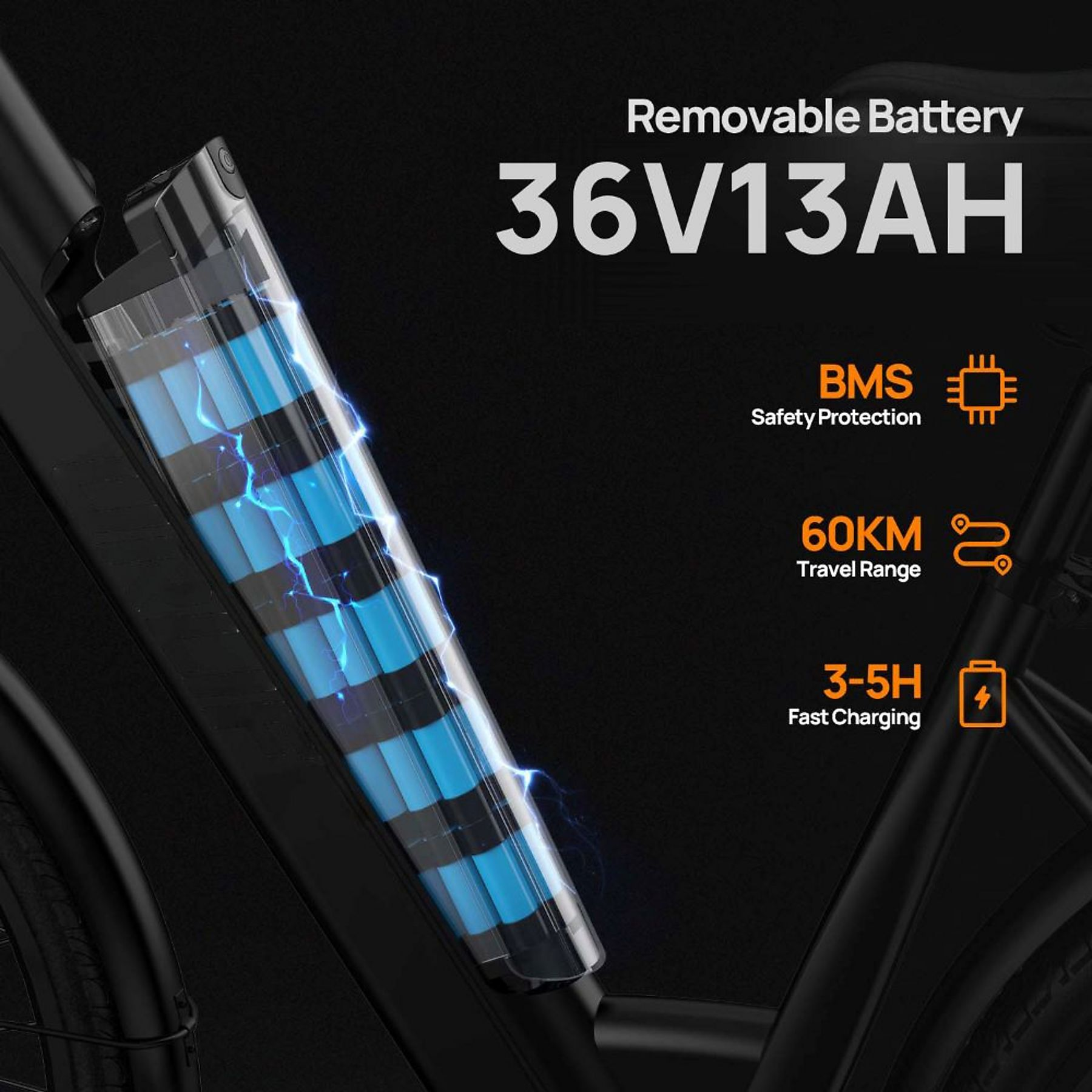 Abnehmbarer 36V13AH Akku mit BMS Schutz, 60km Reichweite und Schnellladung.