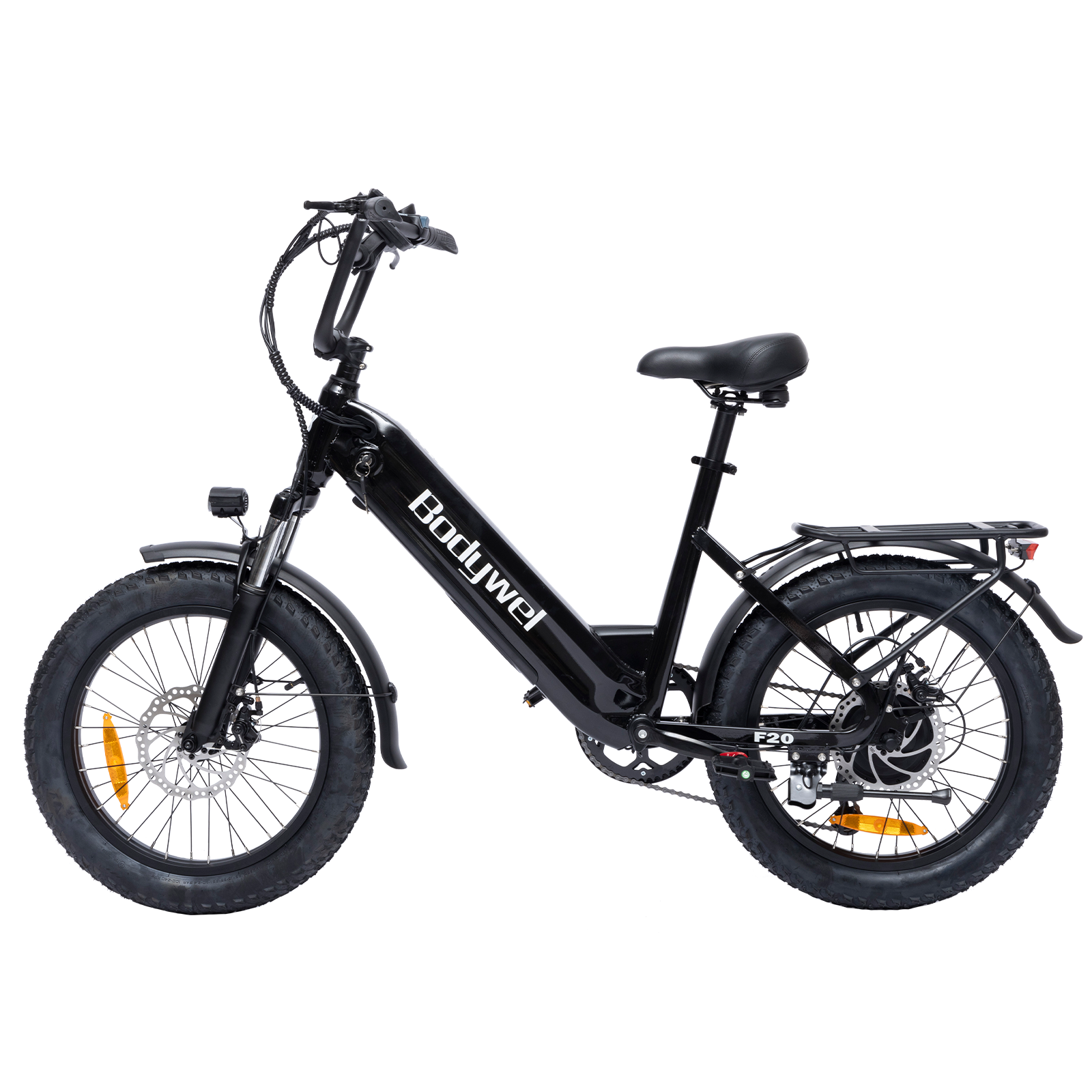 Ein schwarzes Bodywel Elektrofahrrad mit dicken Reifen und Gepäckträger auf weißem Hintergrund.