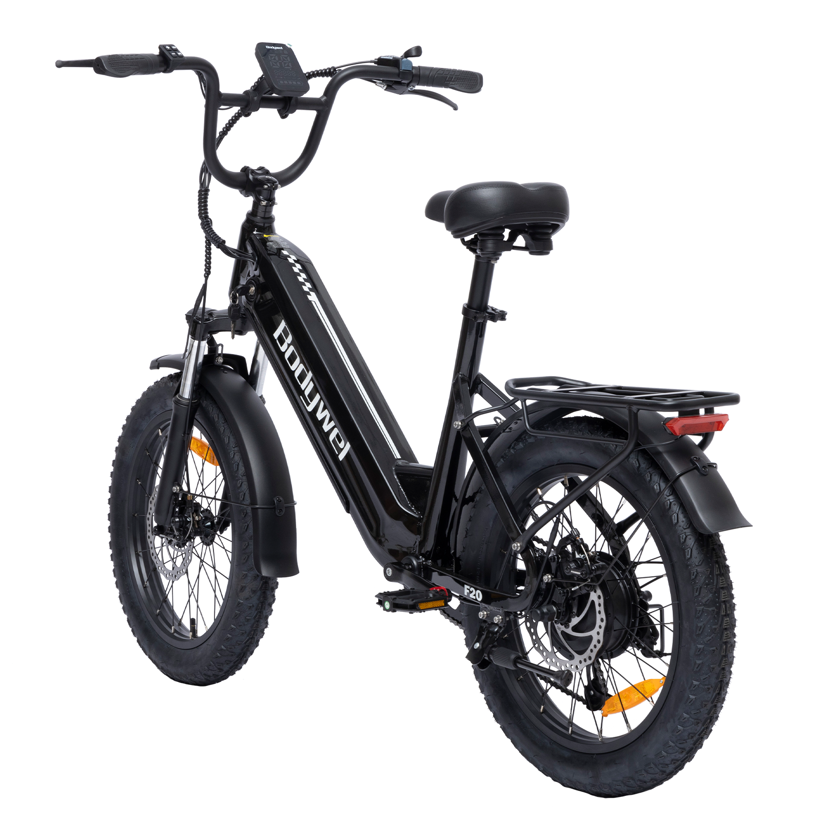 Ein schwarzes Bodywel E-Bike mit tiefem Einstieg, breiten Reifen, Gepäckträger und Display auf weißem Hintergrund.
