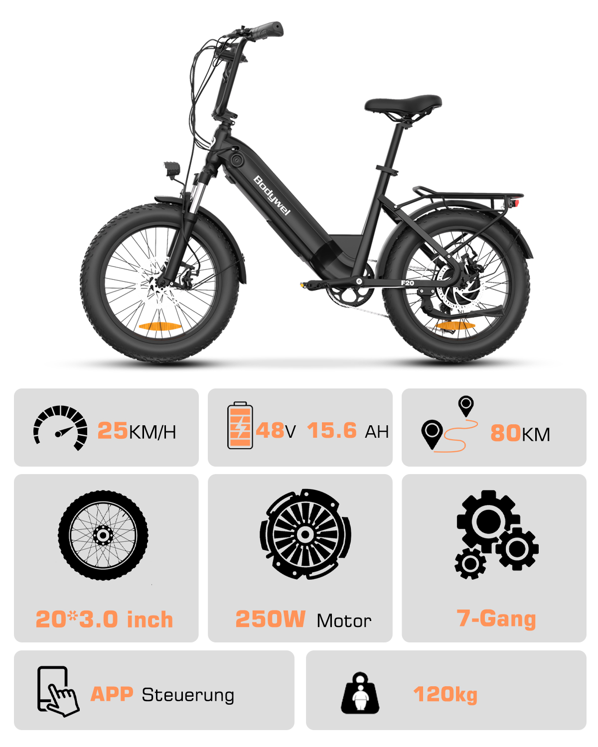 Schwarzes Bodywel Elektrofahrrad mit dicken Reifen und technischen Symbolen unten.