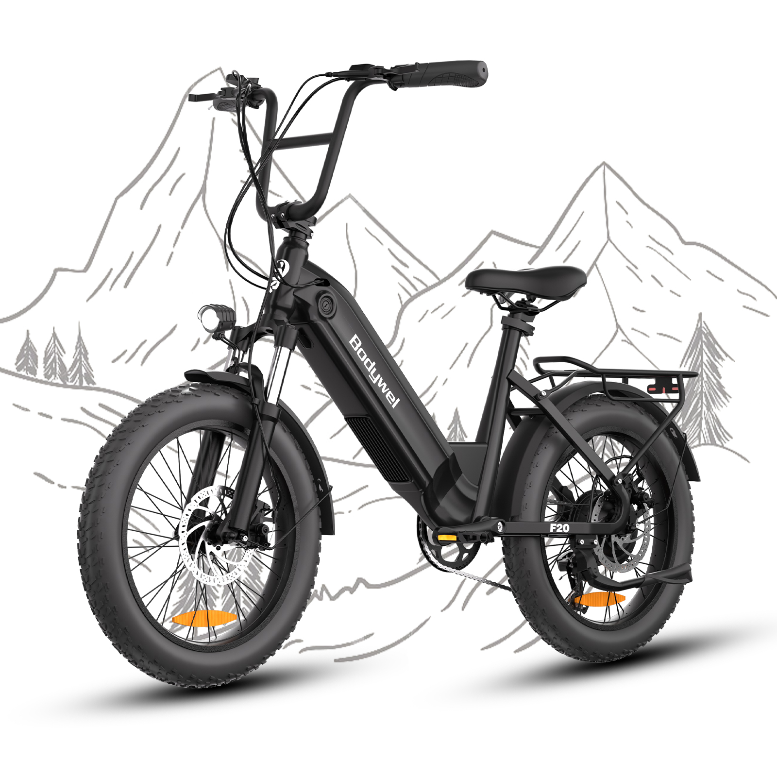 Schwarzes E-Bike mit breiten Reifen vor einer gezeichneten Bergkulisse.