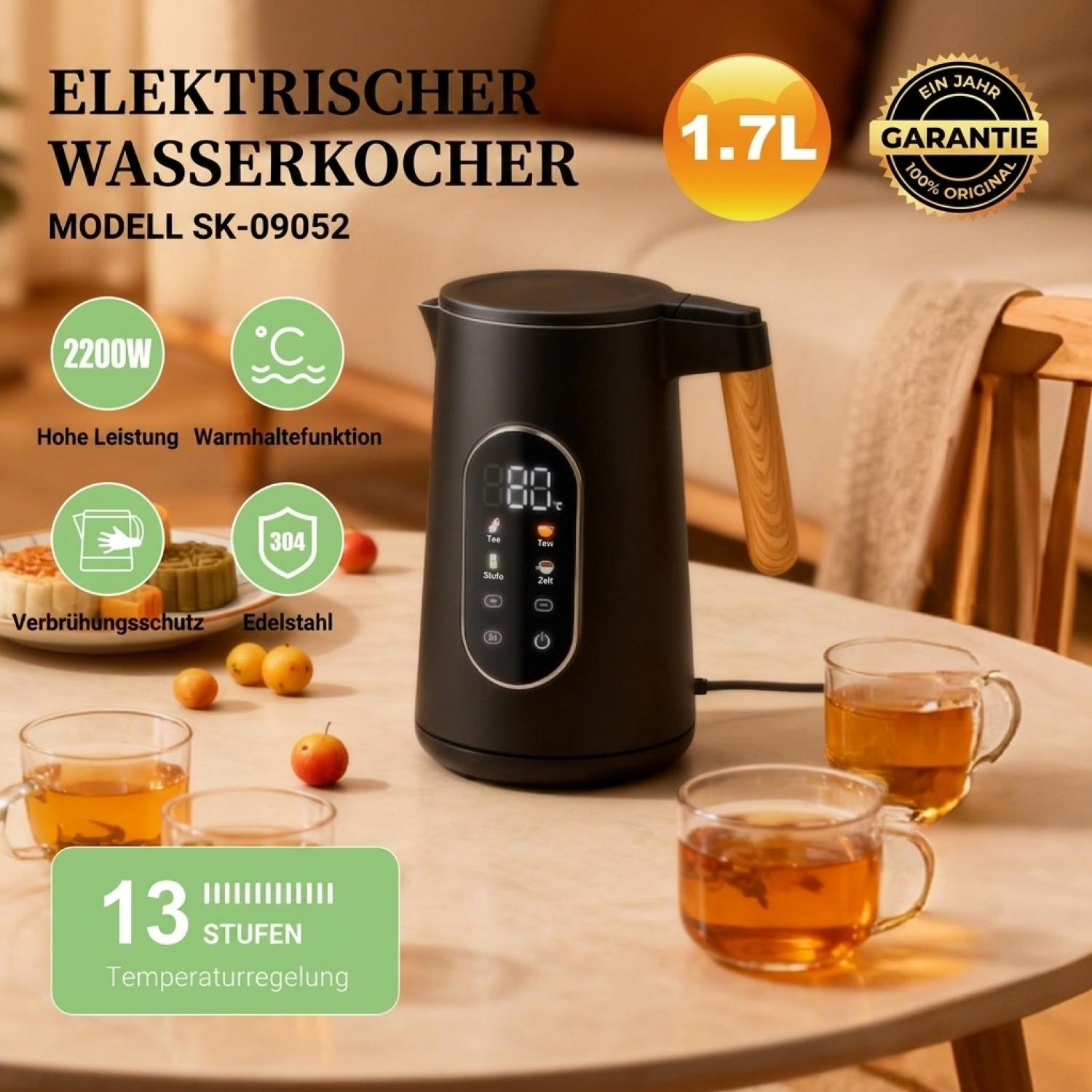 Ein schwarzer Wasserkocher mit Holzgriff und Digitalanzeige steht auf einem Tisch mit Teetassen und Text.