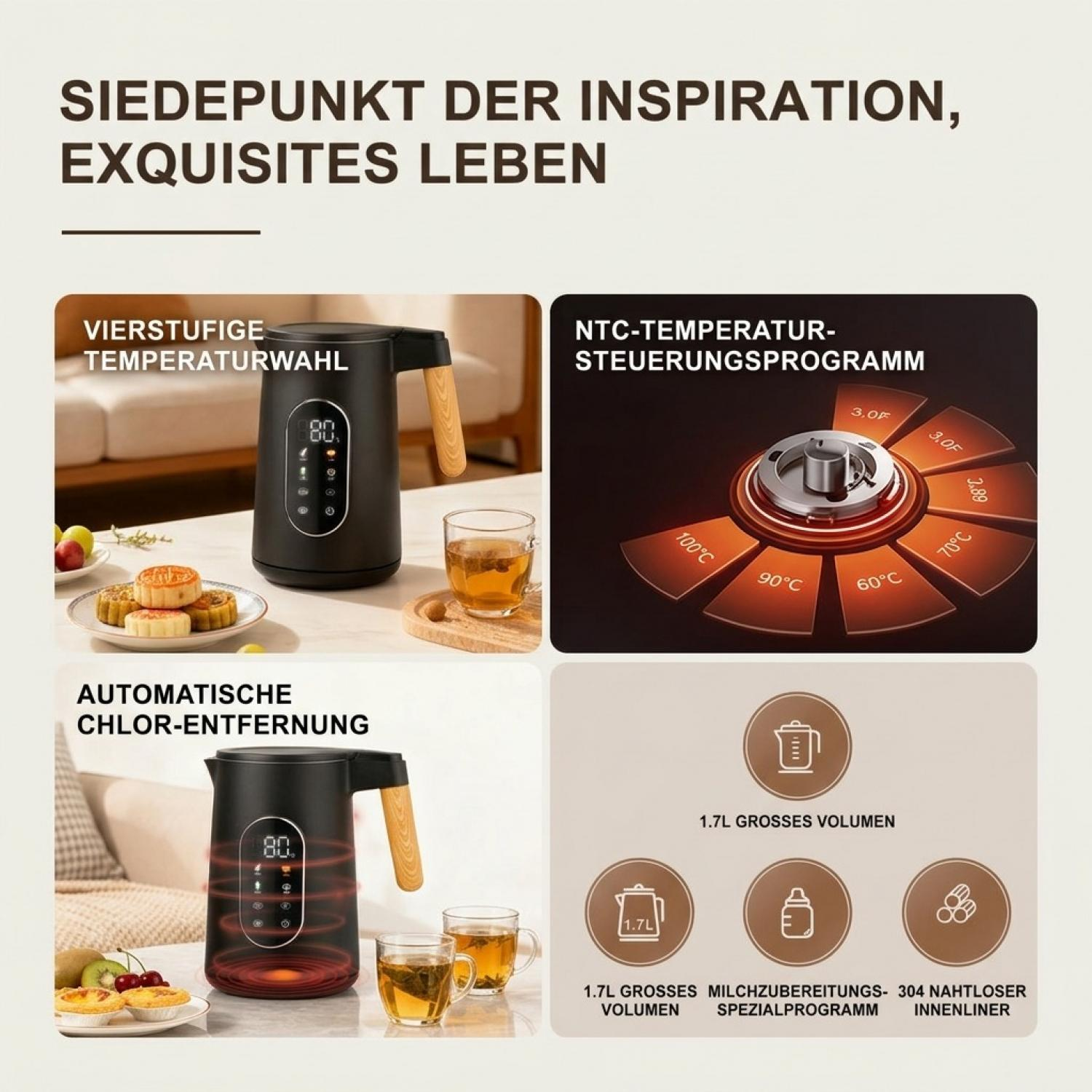 Werbeposter für einen schwarzen Wasserkocher mit Holzgriff und Temperaturanzeige sowie Produktfeatures.