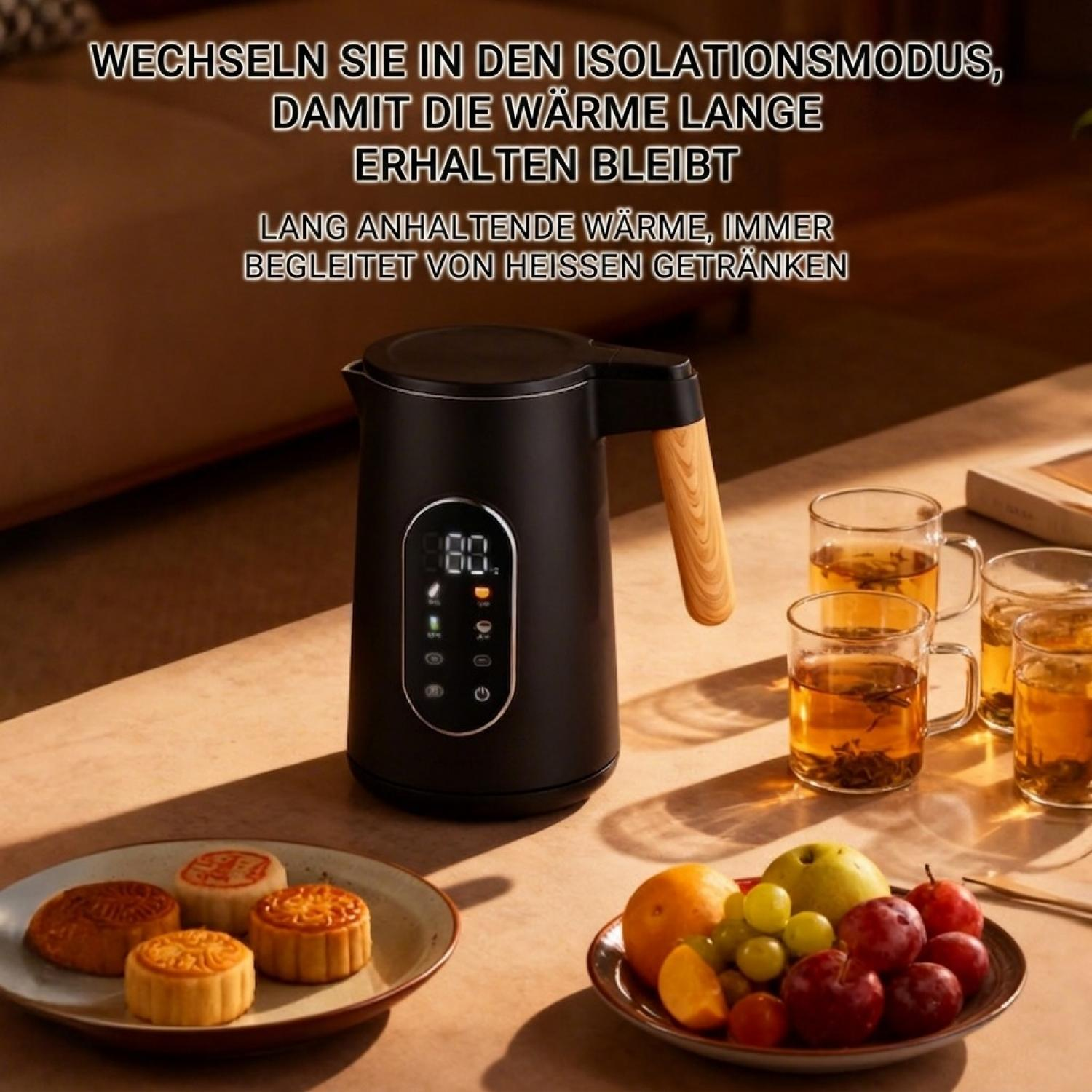 Schwarzer Wasserkocher mit Holzgriff auf Tisch mit Gebäck, Früchten und Teetassen.