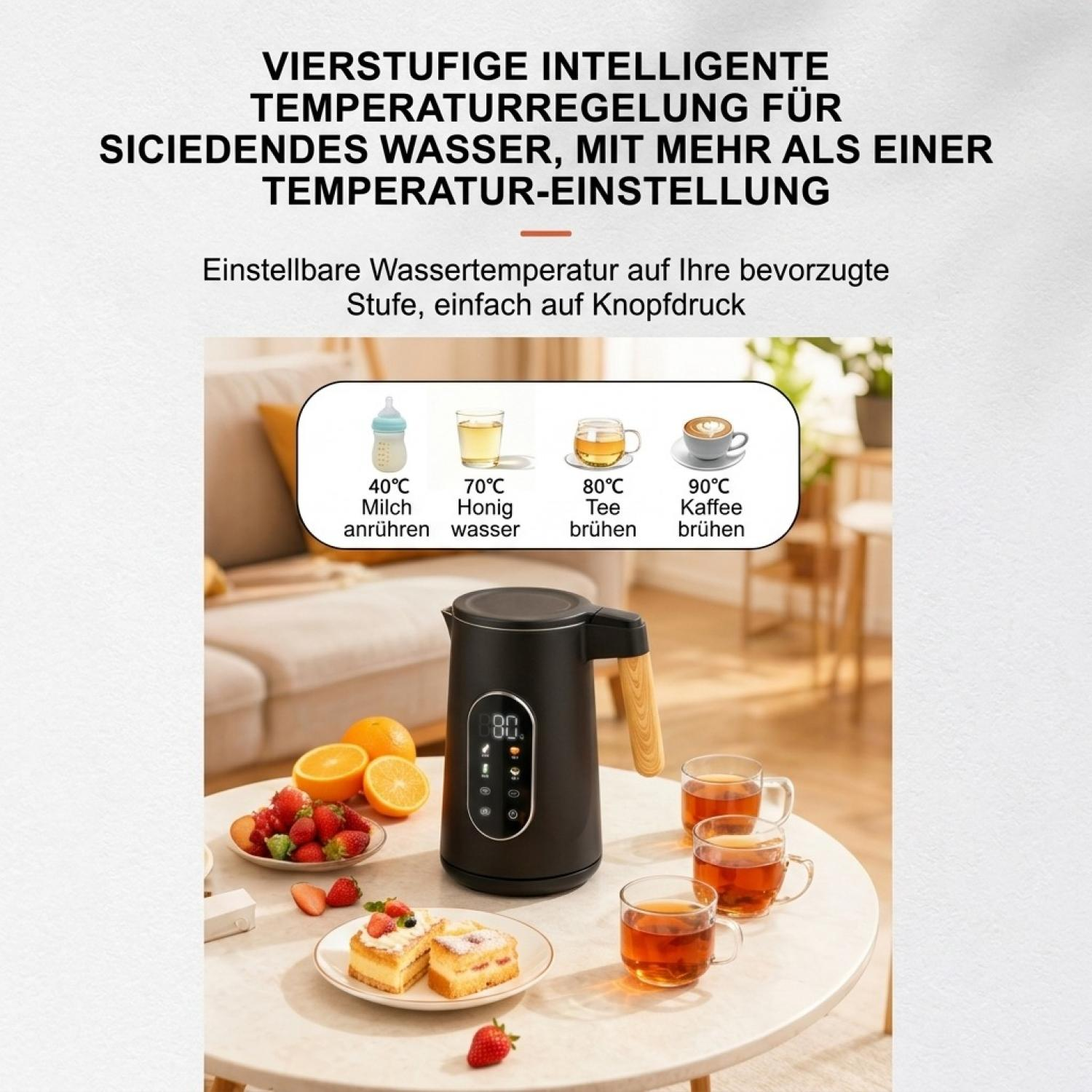 Schwarzer Wasserkocher mit Holtegriff auf Tisch mit Früchten, Kuchen und Tee.