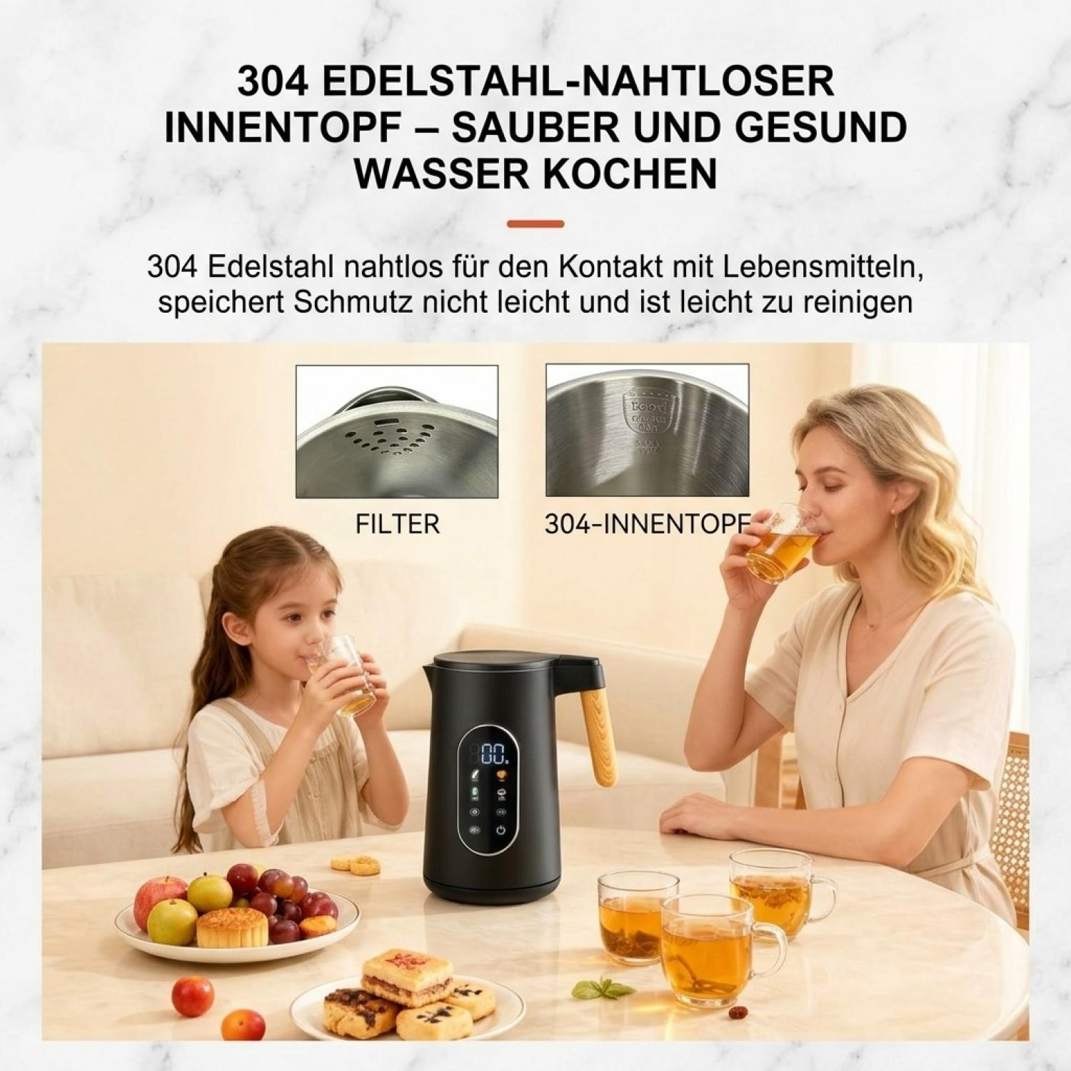 Eine Frau und ein Kind trinken Tee an einem Tisch mit einem schwarzen Wasserkocher, Gebäck und Obst.