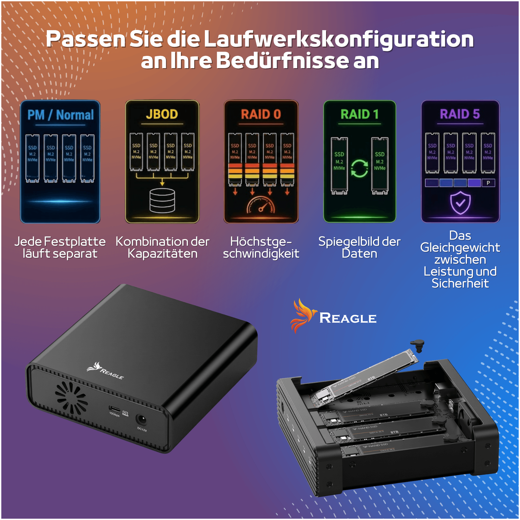 Diagramm zeigt RAID-Modi für ein Reagle SSD-Gehäuse mit installiertem M.2 NVMe-Laufwerk.