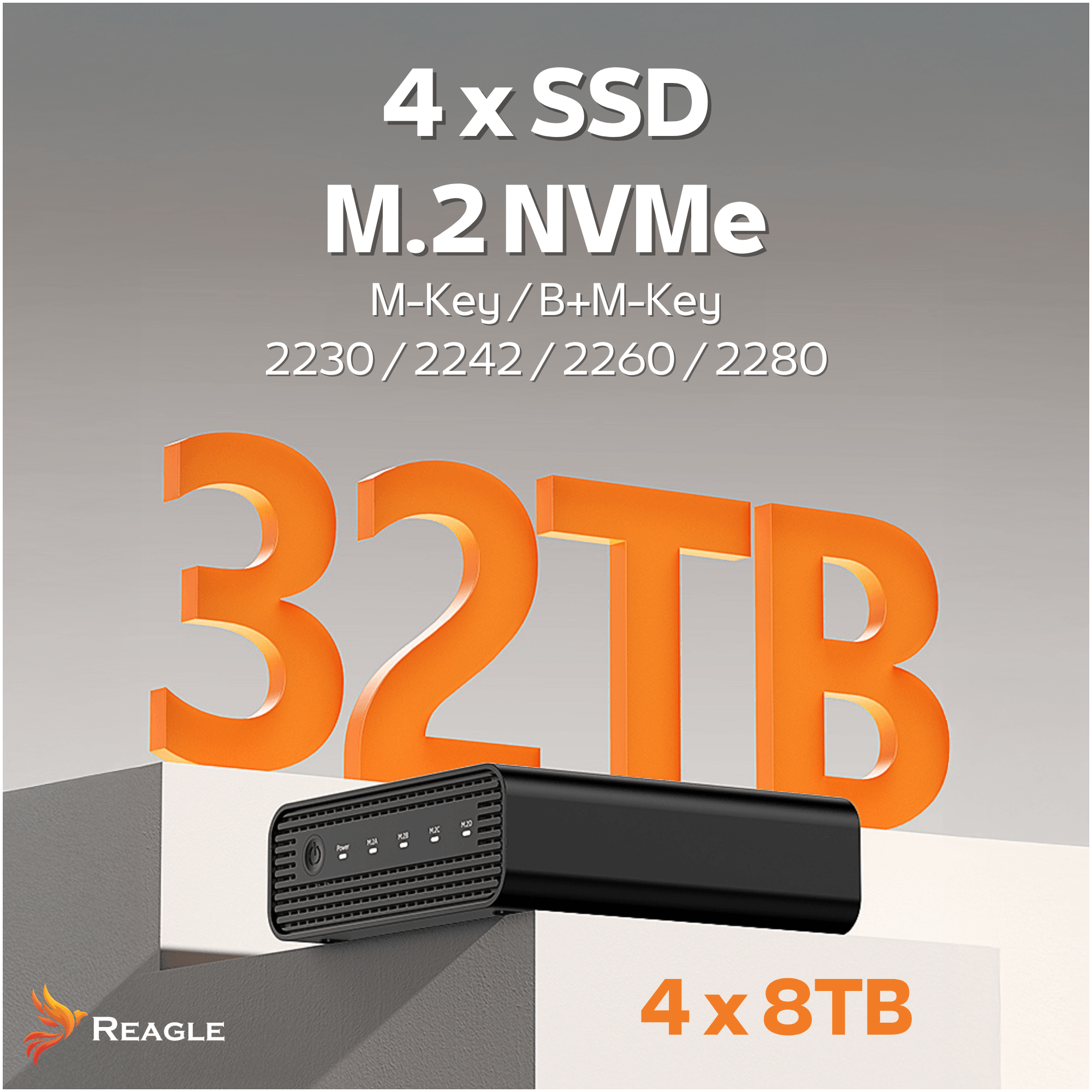 Schwarzes 32TB 4x SSD NVMe Gehäuse von Reagle auf weißer und grauer Treppe mit orangem Text.