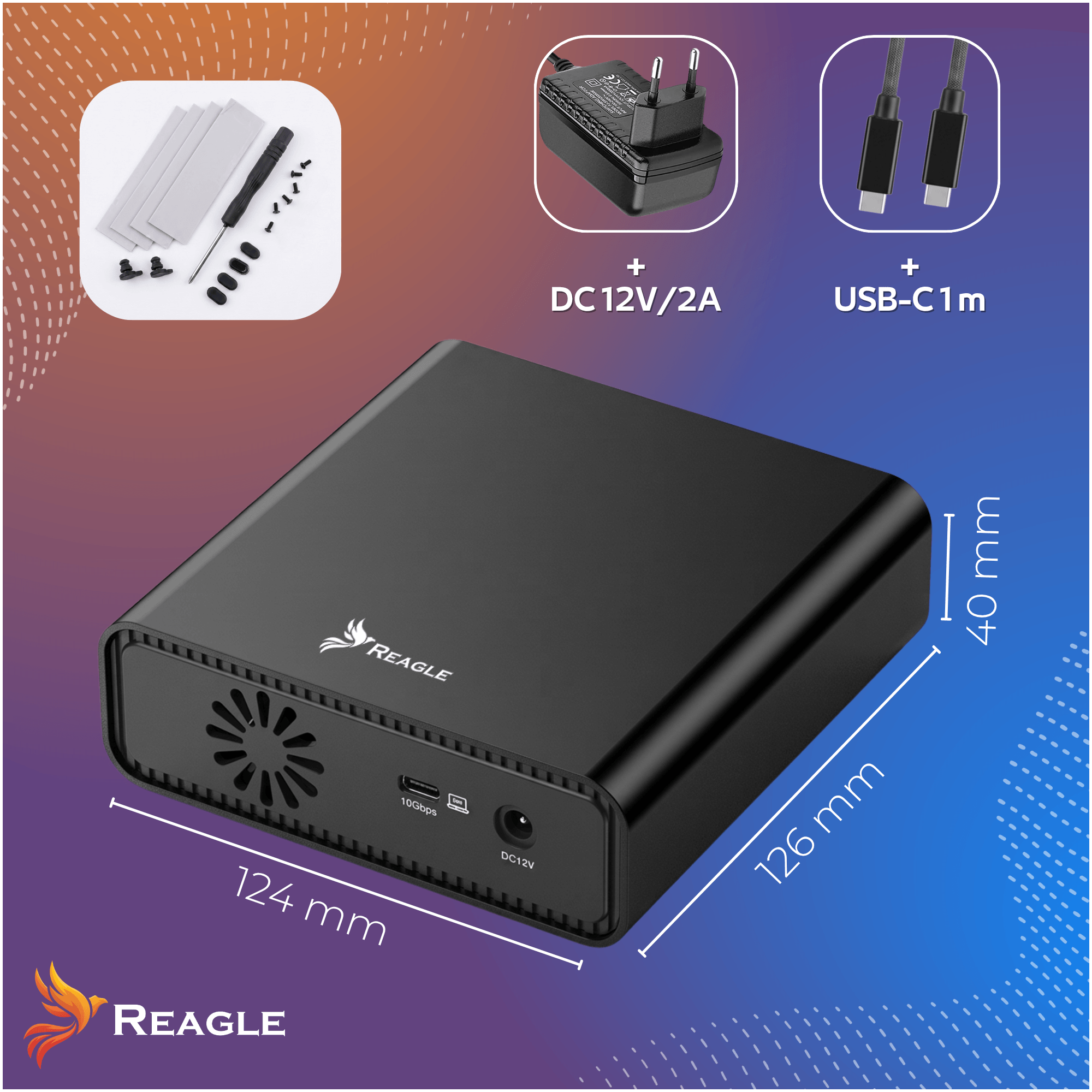 Schwarzes Reagle-Gerät mit Maßen, Netzteil, USB-C-Kabel und Zubehör auf blau-rotem Hintergrund.