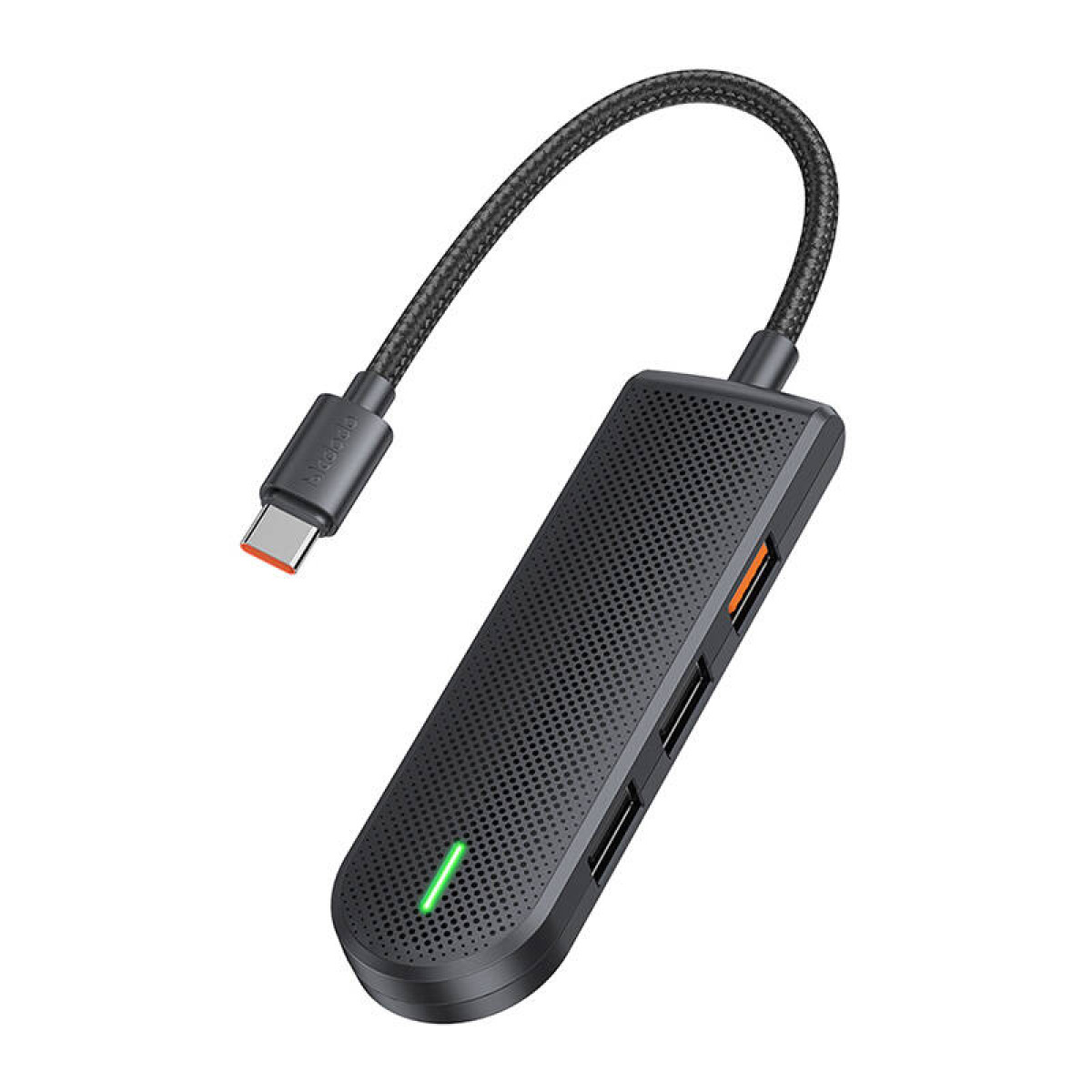 Un hub USB-C grigio con un cavo collegato e porte multiple.