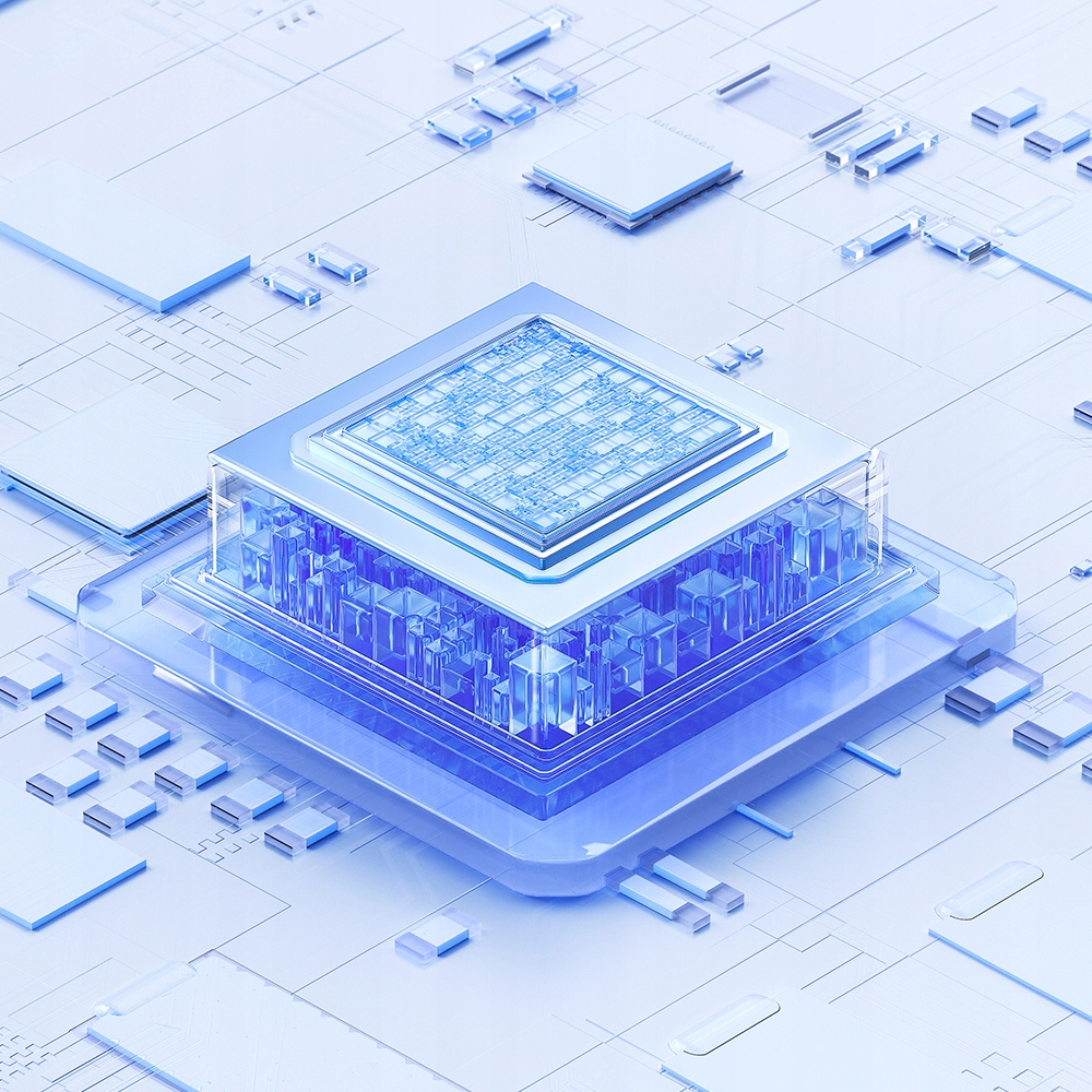 Un microprocessore blu con circuiti stampati complessi e circuiti integrati su una scheda.