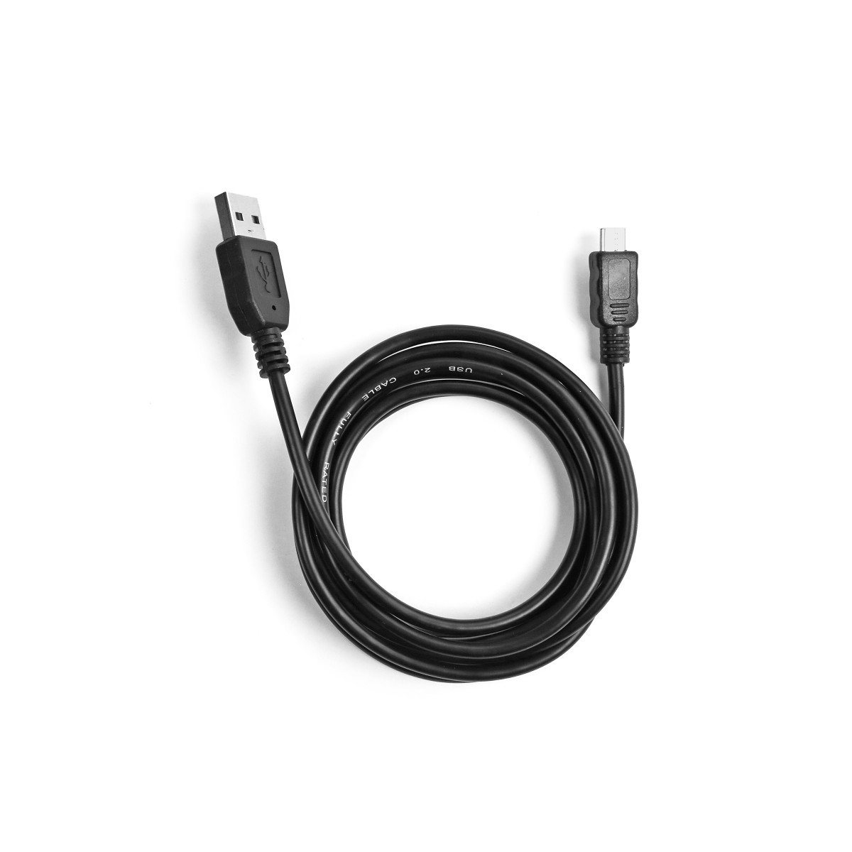 Ein schwarzes USB-Kabel mit Typ-A- und Micro-USB-Anschlüssen, aufgerollt auf weißem Hintergrund.