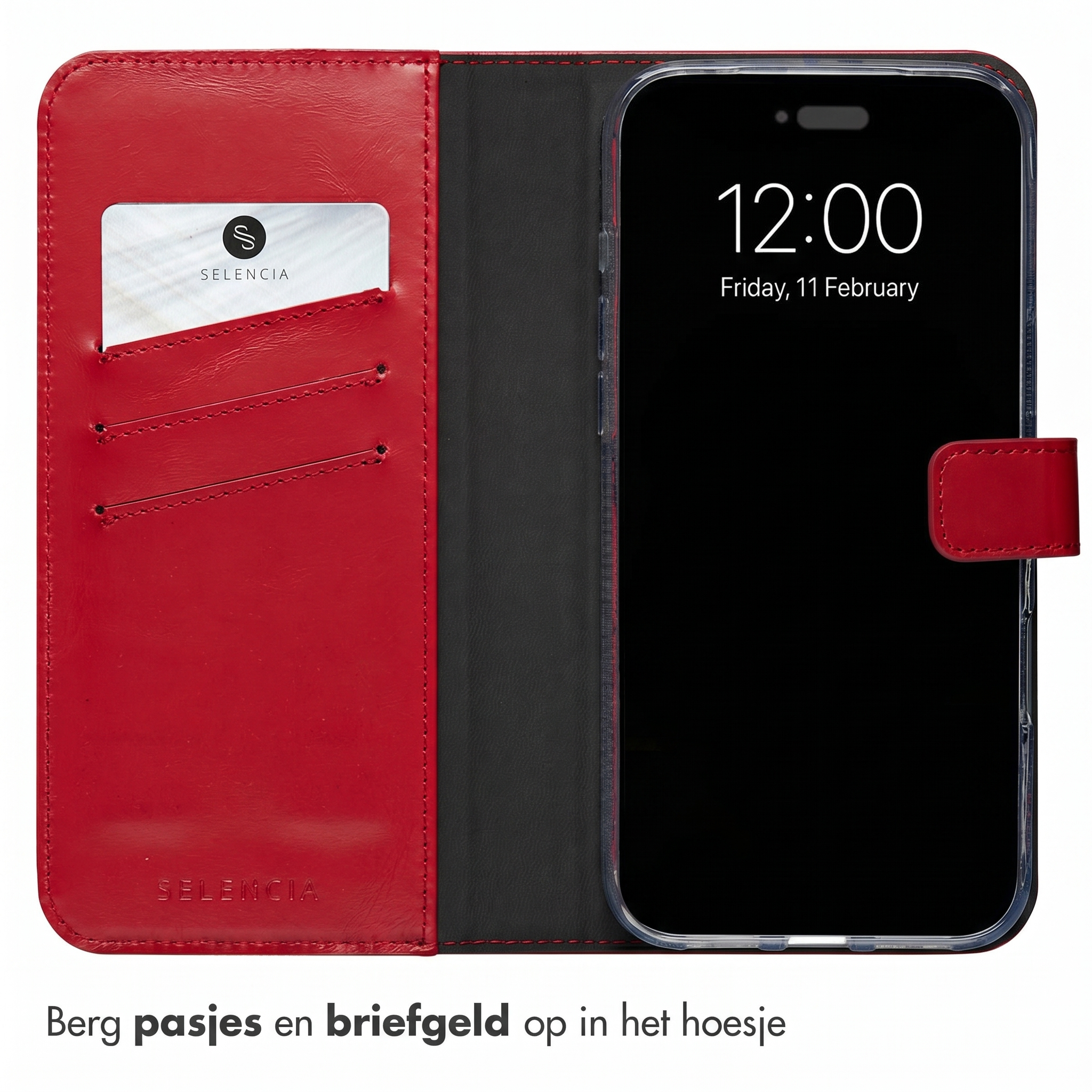 Rote Lederhülle für Smartphones mit Kartenfächern und integriertem Handy.
