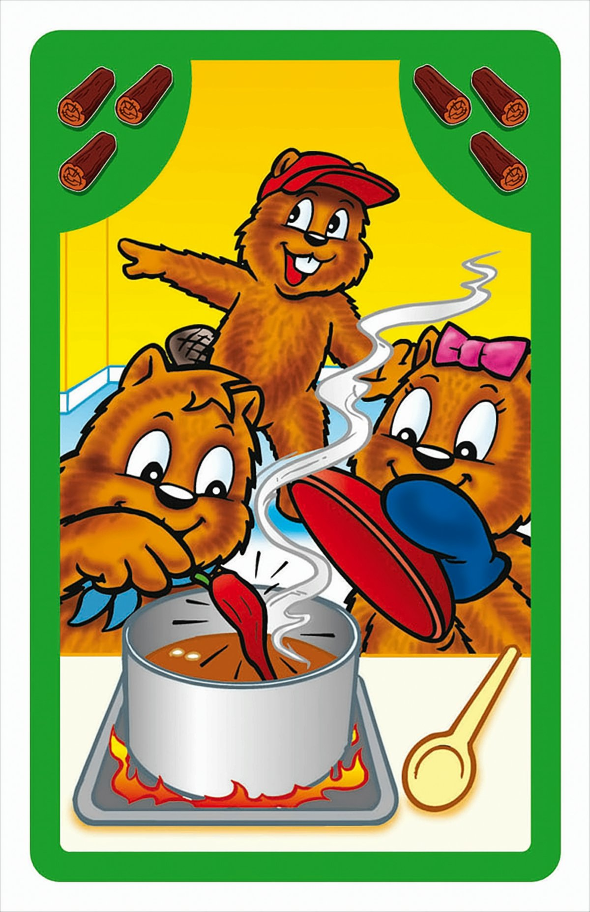 Drei Biber kochen Suppe mit Chili auf einem Herd, umgeben von Holzscheiten.