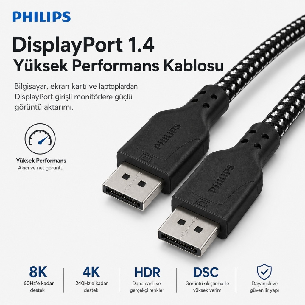 Siyah konnektörlü ve Türkçe tanıtım metinli Philips DisplayPort 1.4 yüksek performanslı örgü kablo.