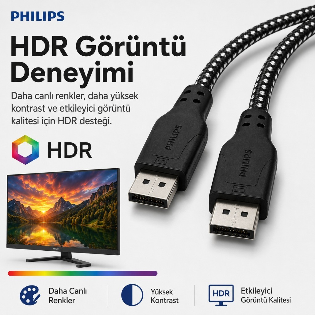 HDR destekli Philips DisplayPort kablosu, monitör ve tanıtım yazısı.