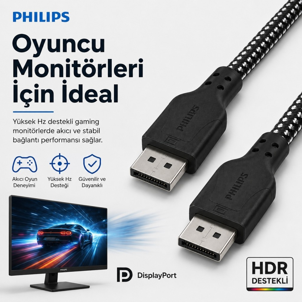 Örgülü kablolu ve monitör ekranlı oyuncu monitörleri için Philips DisplayPort kablosu.