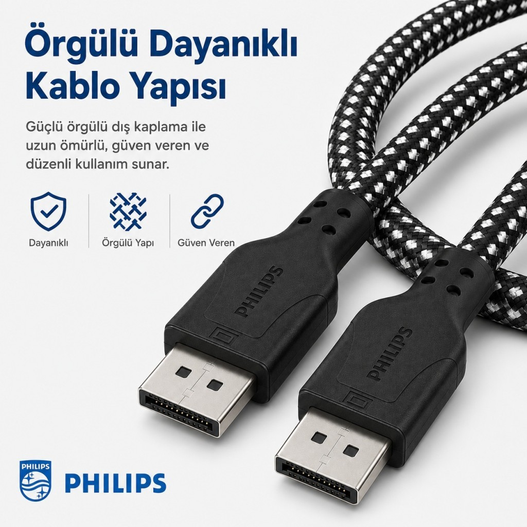 Siyah başlıklı dayanıklı, örgülü Philips DisplayPort kablosu, beyaz arka plan ve tanıtım yazısıyla.
