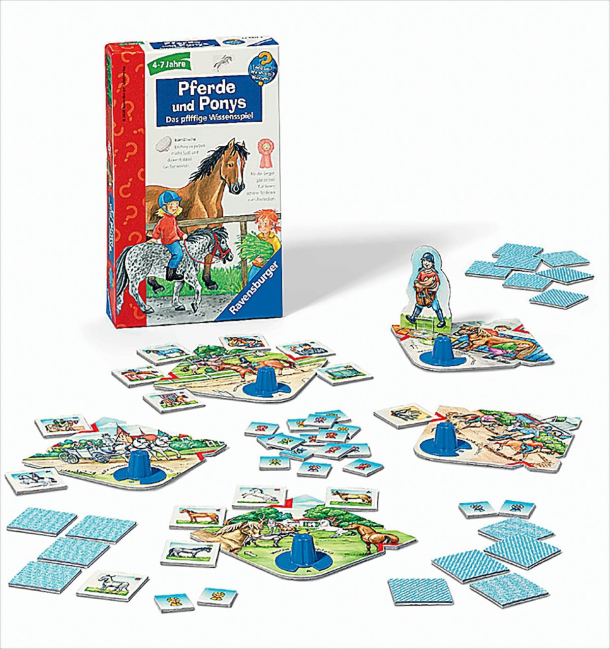 Ravensburger Brettspiel Pferde und Ponys mit Box, Spielplänen, blauen Hütchen und kleinen Kärtchen auf weißem Grund.