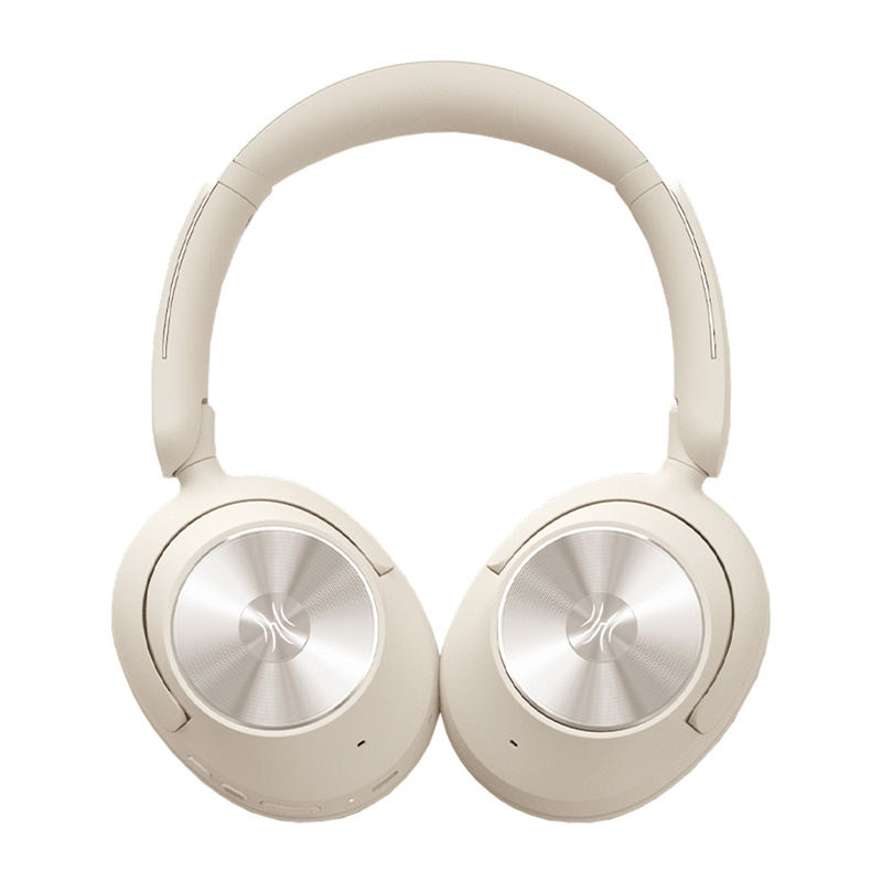 Cuffie wireless beige over-ear con dettagli argentati sui padiglioni su sfondo bianco.