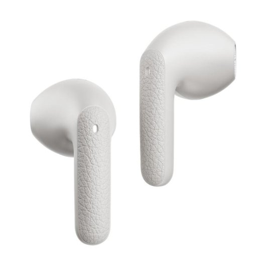 Due auricolari wireless bianchi con stelo testurizzato su sfondo bianco.