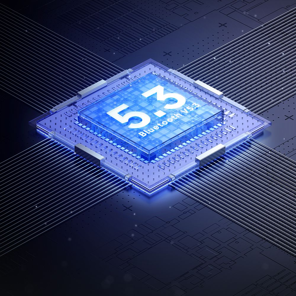 Un chip di computer blu luminoso con '5.3 Bluetooth V5.3', circondato da linee di circuiti.