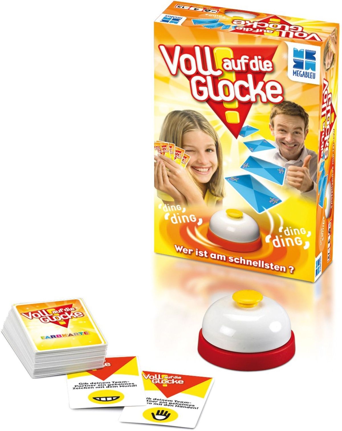 Spielverpackung von 'Voll auf die Glocke' mit Kartenstapel und roter Tischklingel auf weißem Hintergrund.