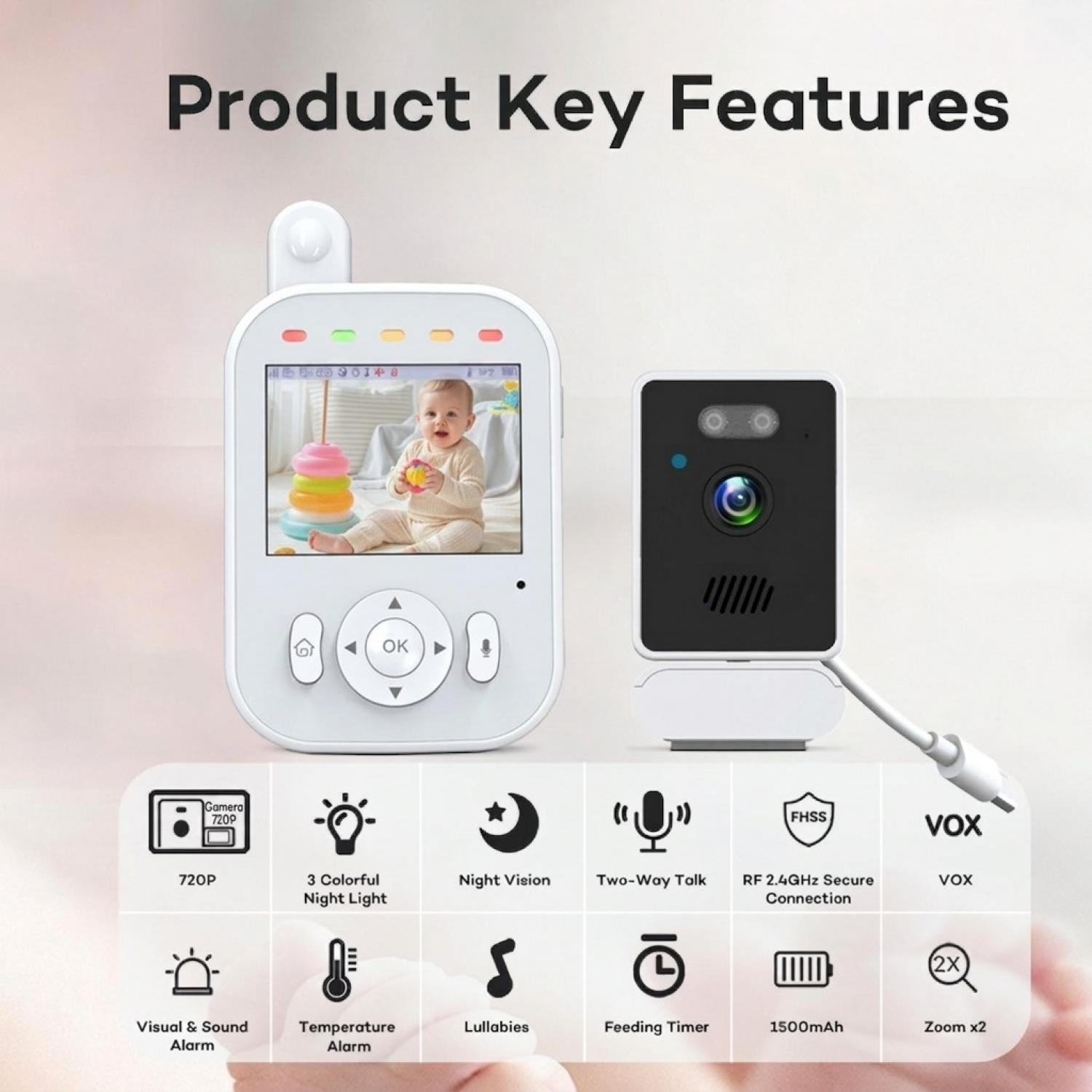 Ein weißer Babyfon mit Display zeigt ein Baby, daneben steht die Kamera und Icons zeigen Funktionen.