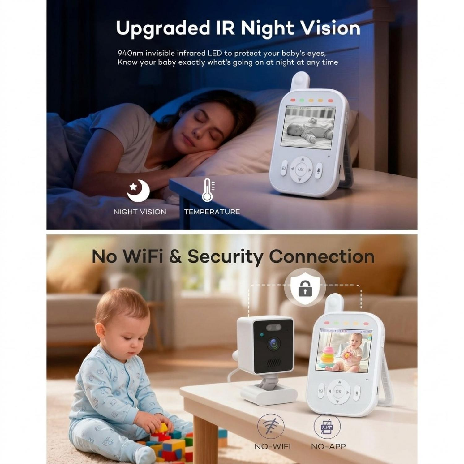 Ein Babyphone zeigt Infrarot-Nachtsicht und eine sichere Verbindung ohne WLAN.