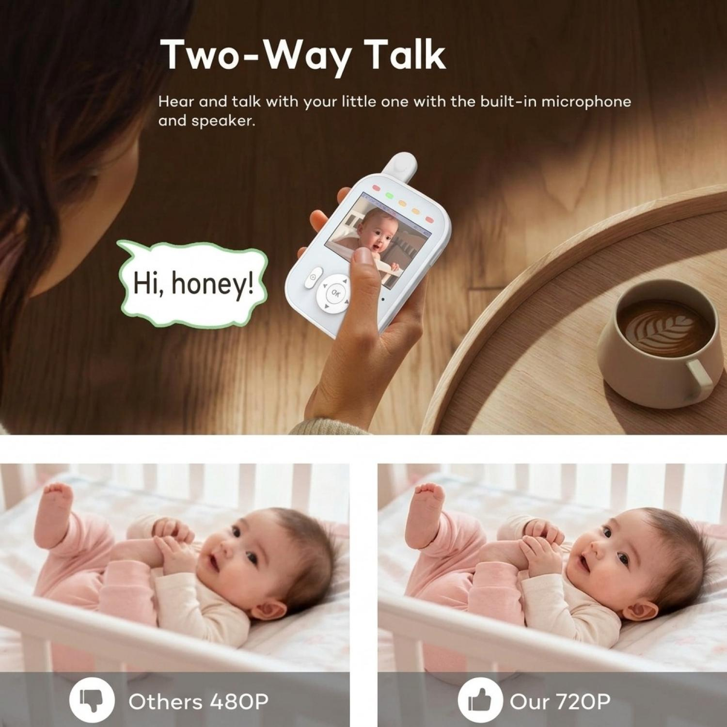Eine Frau hält ein Babyphone, das ein Bild des Babys zeigt; unten wird 480P mit 720P verglichen.