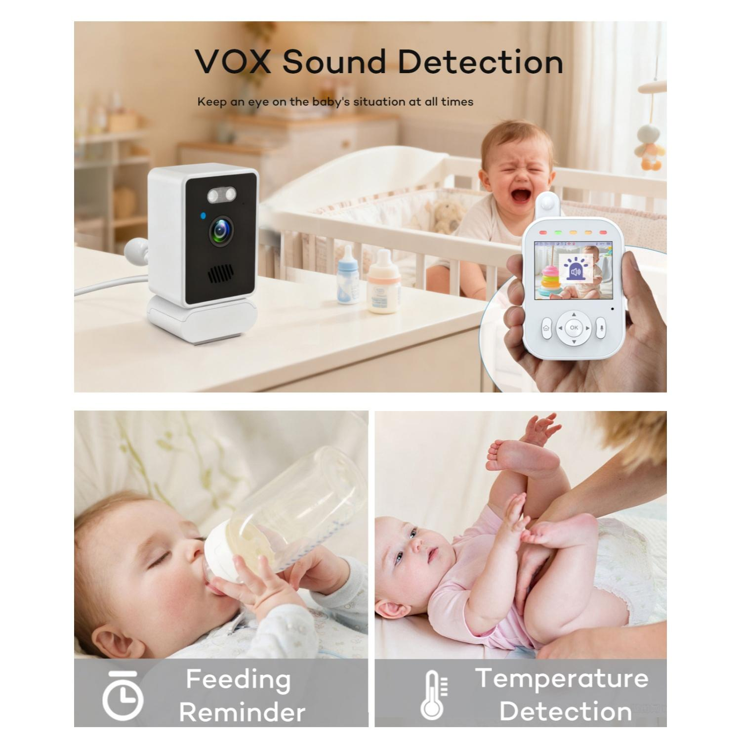 Ein Babyphone mit Kamera und Monitor zeigt Funktionen wie Schallerkennung, Fütterungserinnerung und Temperaturmessung.