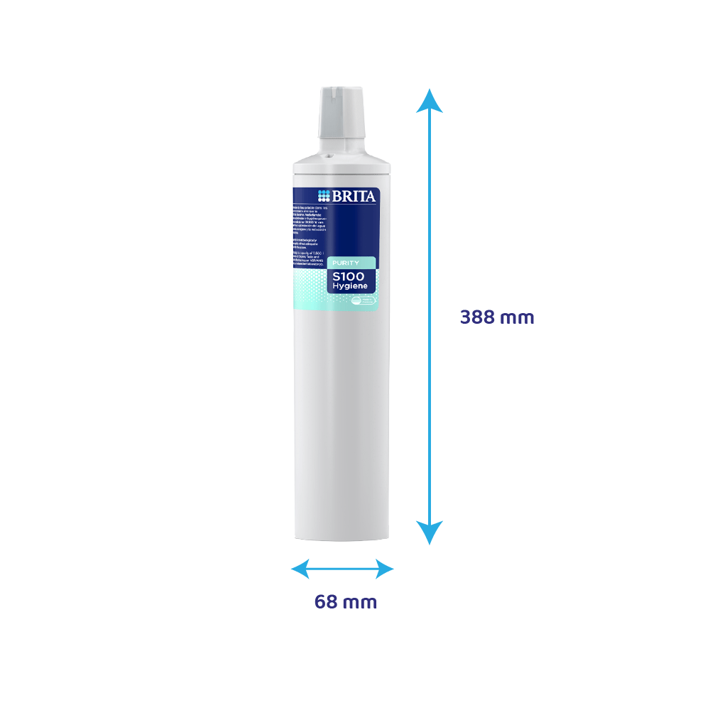 Brita Purity S100 Hygiene Wasserfilterkartusche mit Maßangaben von 388 mm Höhe und 68 mm Breite auf weißem Hintergrund.