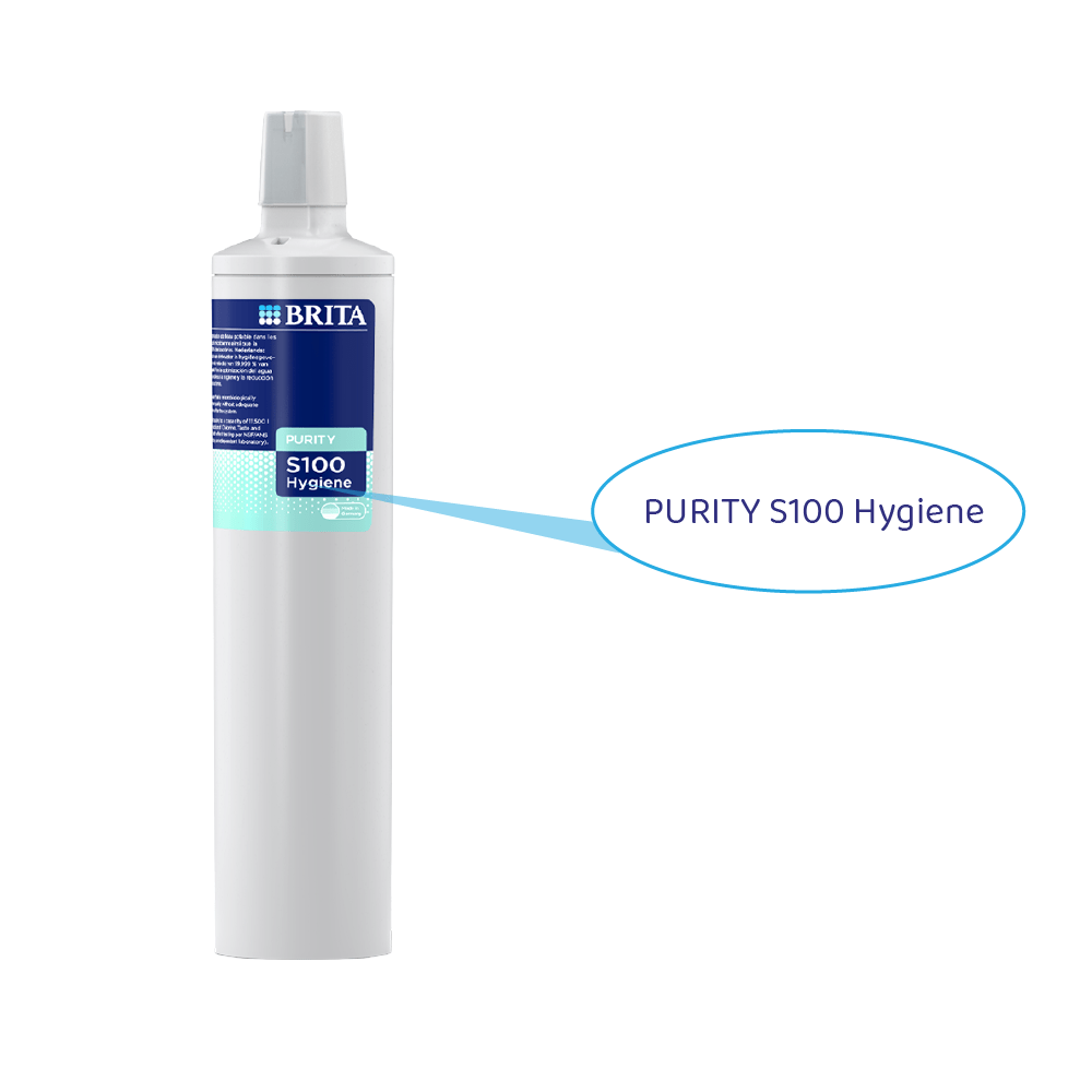Ein weißer Brita PURITY S100 Hygiene Filter mit blauer Beschriftung und einem Hinweistext.