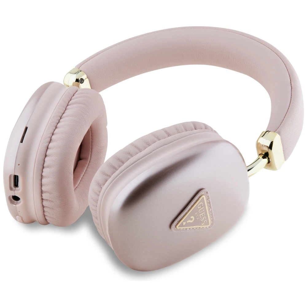 Cuffie over-ear rosa con dettagli dorati e logo del marchio su sfondo bianco.