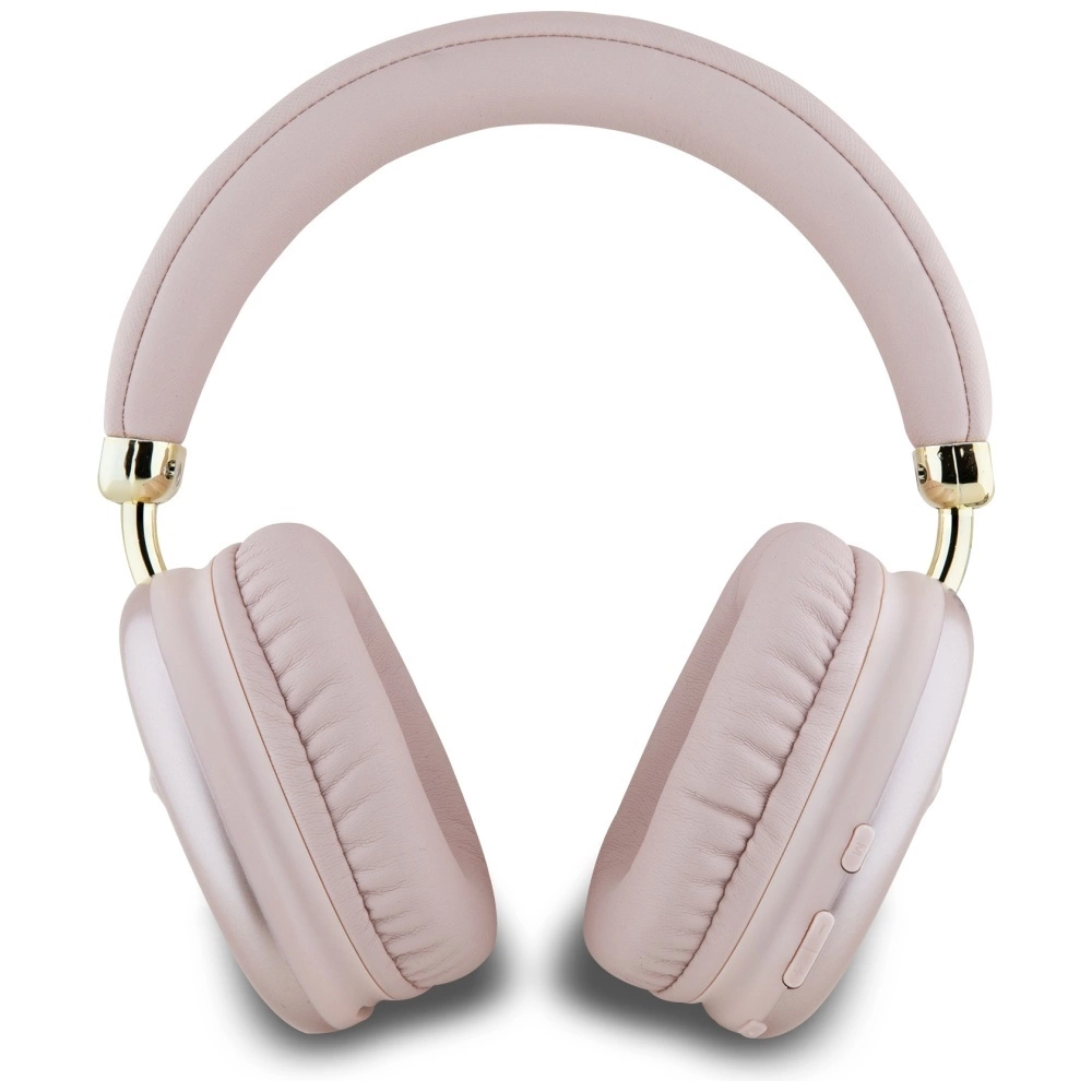 Cuffie over-ear rosa con dettagli dorati su sfondo bianco.