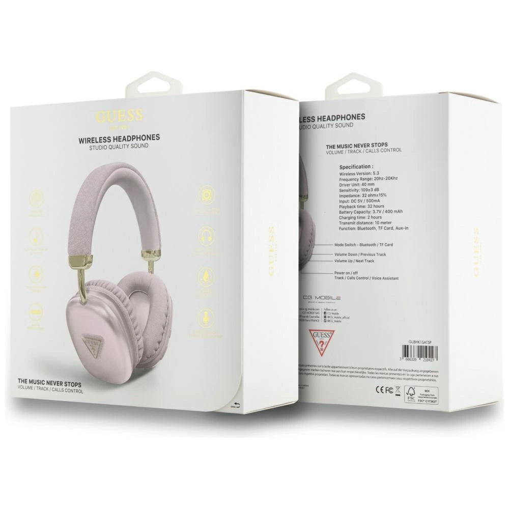 Confezione di cuffie over-ear rosa Guess con specifiche tecniche.